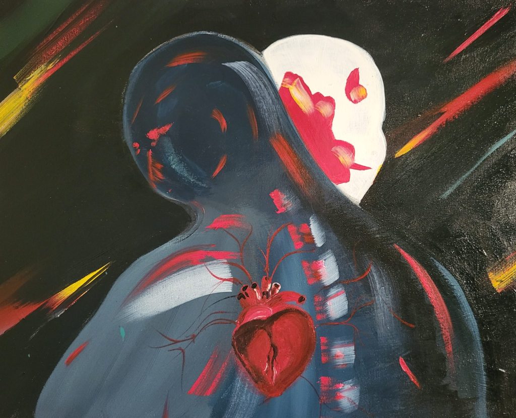 Dark abstract figurative painting with red lines and contrasting white face