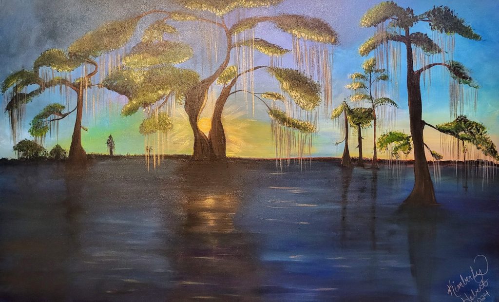 Commissioned Louisiana cypress tree painting reflected in water at sunset