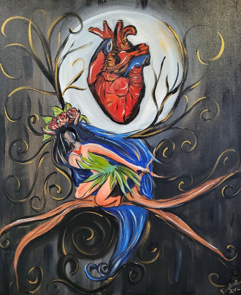 Abstract anatomical heart painting with colorful swirling lines on a dark background