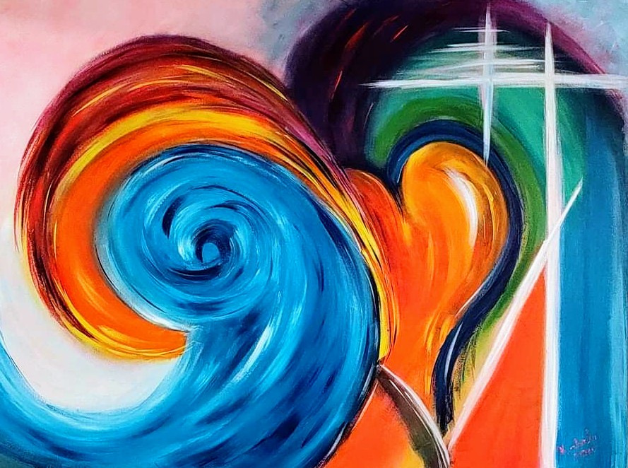 Colorful abstract semicolon painting representing suicide survival and continuing life