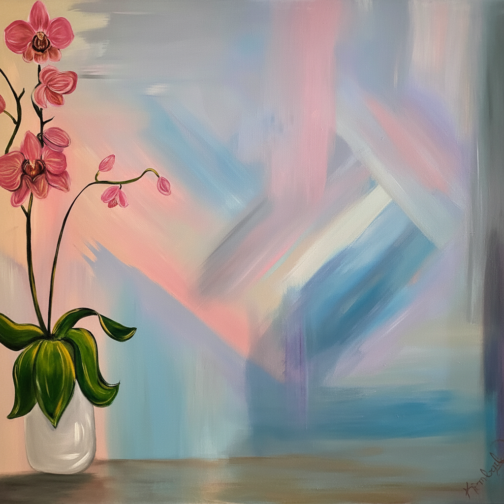 Abstract orchid painting in soft pink, blue, and teal